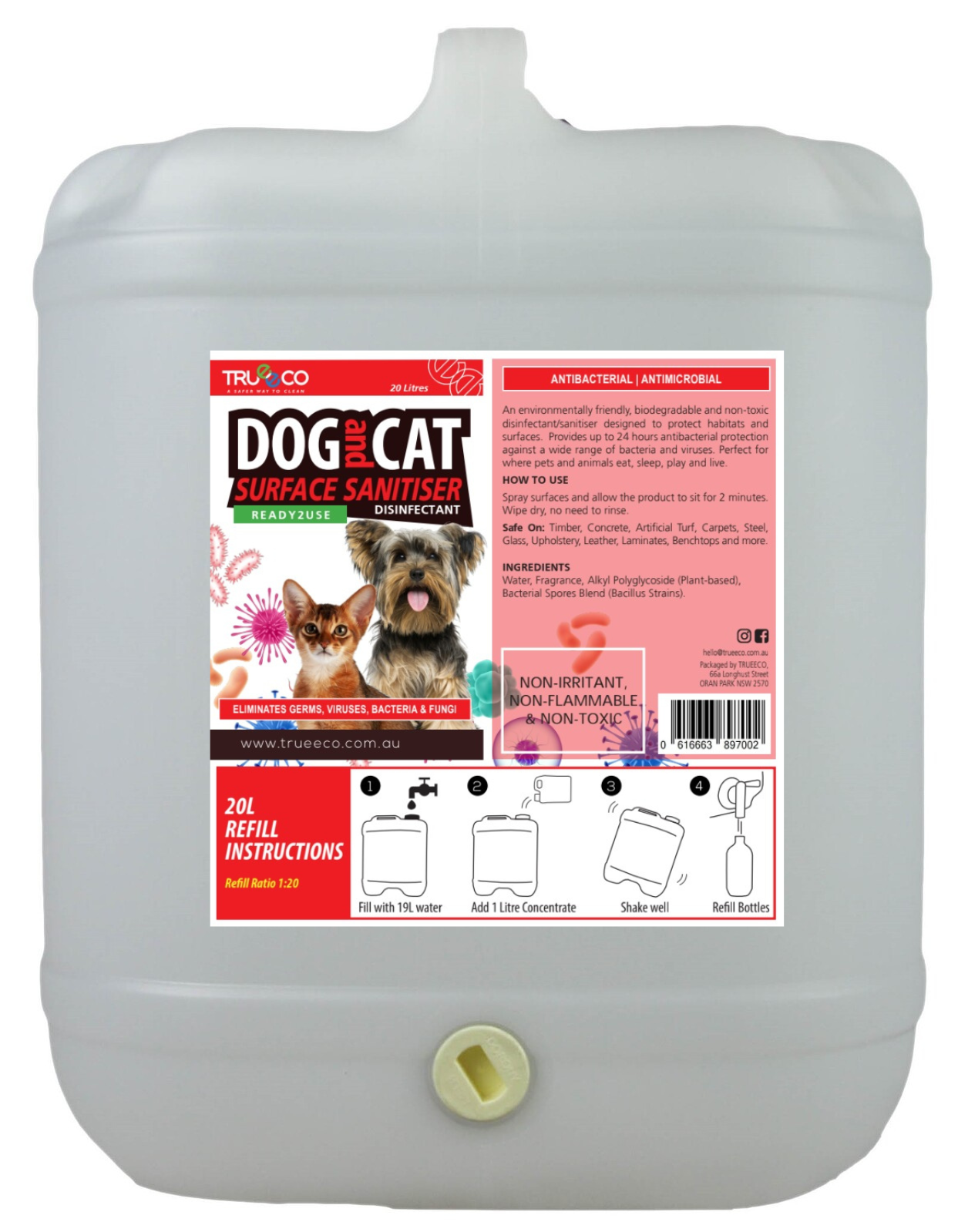 20 Litres Dog and Cat Surface Sanitiser & Disinfectant ($11.00 per Litre Ready2use)