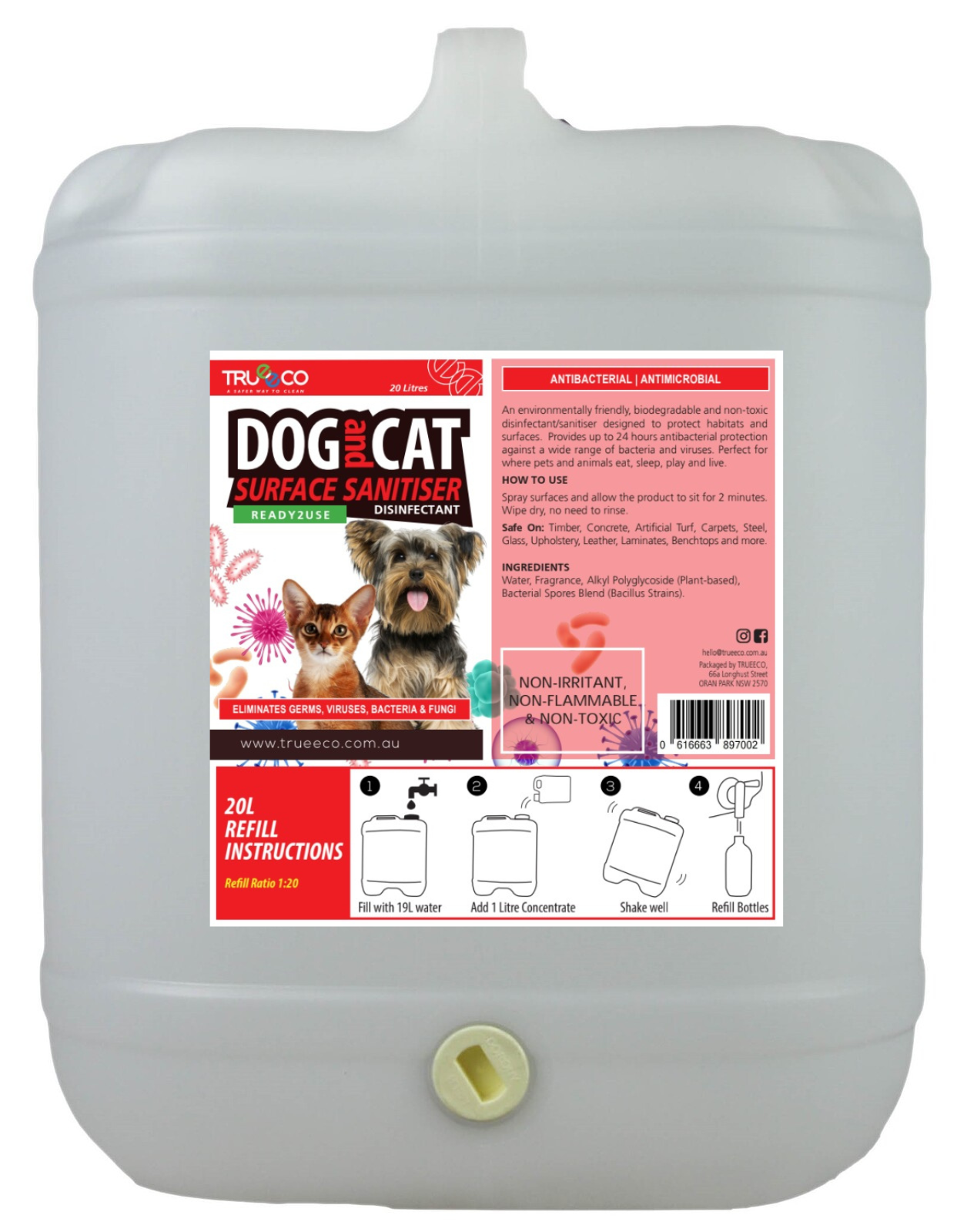 20L Dog and Cat Surface Sanitiser & Disinfectant ($11.00 per Litre Ready2use)